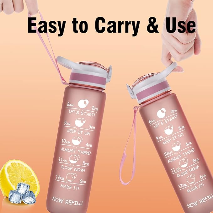 Prometheuz 32oz Water Bottle with Straw, Motivational Water Bottle with Time Marker, Water Bottles Leakproof & BPA-Free for Sports, Work and Fitness Rose Gold