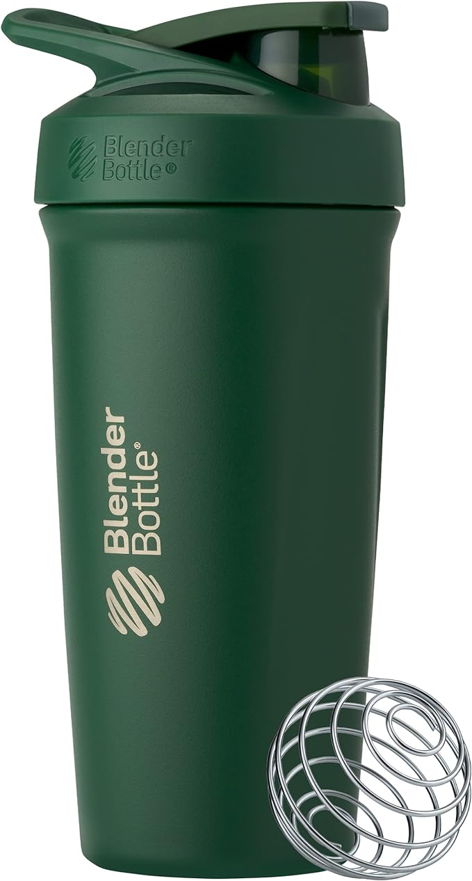 BlenderBottle Strada Shaker Cup Insulated Stainless Steel Water Bottle with Wire Whisk, 24-Ounce, Forest