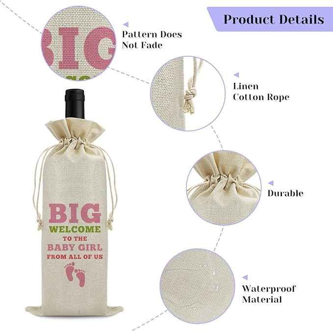 Welcome Baby Girl Wine Bag New Baby Birth Announcement Gift for Grandparents Baby Shower Baby Gender Reveal Party Decors Newborn Baby Girl Gift for Friends Wine Gift Bag Drawstring Wine Wrapping Bag