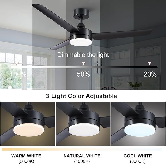 Black Ceiling Fans with Lights and Remote Control，Modern 52 Inch Ceiling Fans with Lights and 6-Speed Modes -Adjustable Dimming - DC Motor - Perfect for Living Room, Bedroom，Dining Room