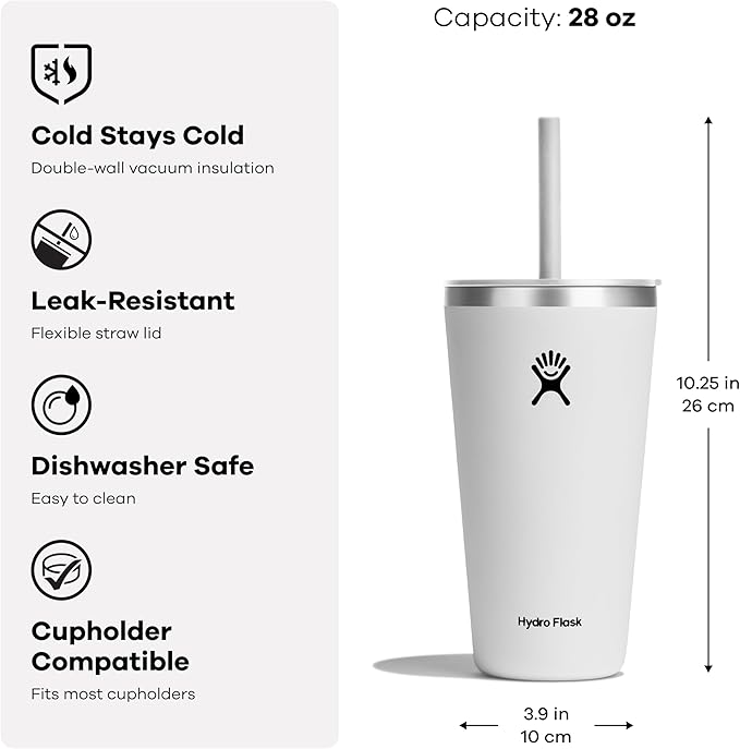 Hydro Flask Travel Tumbler Stainless Steel Vacuum Insulated Tumbler with Lid and Straw for Cold Water and Drinks for Sports, School, Work, Car, Travel, Weekends