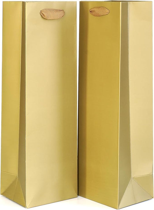 KEYYOOMY Wine Gift Bags - 10 Pack Gold Kraft Paper Wine Bottle Gift Bags with Handles for Wedding Birthday Housewarming Christmas Party Supplies(10CT, 13.8x4.3x3.5 IN, Gold)