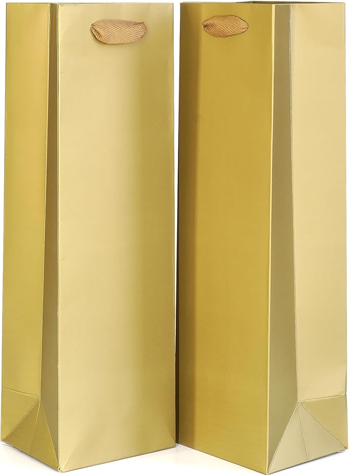 KEYYOOMY Wine Gift Bags - 10 Pack Gold Kraft Paper Wine Bottle Gift Bags with Handles for Wedding Birthday Housewarming Christmas Party Supplies(10CT, 13.8x4.3x3.5 IN, Gold)