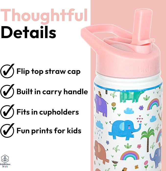 Biddlebee Kids Water Bottle with Straw Lid | 14oz Insulated Stainless Steel Reusable Bottles for School | Leak Proof Cap with Handle & Touch Free Spout | Great for Boys & Girls (Elephants)