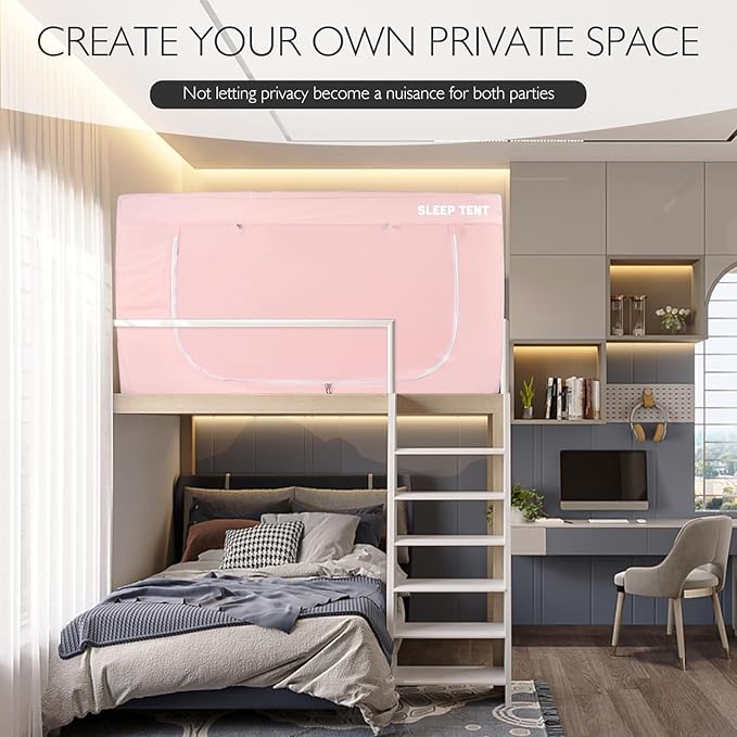 BORNA Bed Tent Bunk Twin Bed Canopy for Indoor Portable Light Reducing Sleeping Canopy for Kids and Adult,Bunk Blackout Tents Breathable Privacy Space Tent Mosquito Netting for Bed(Macaron Pink)