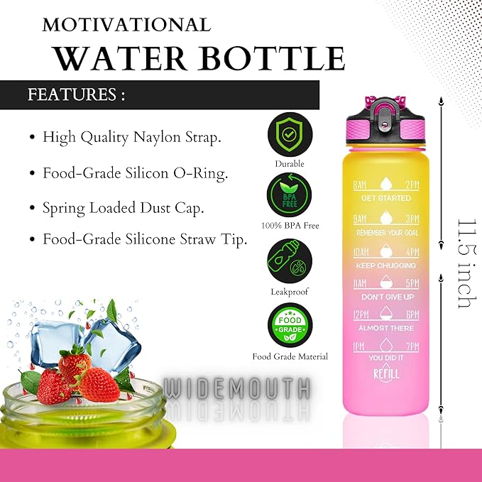 Leakproof Water Bottle with Straw & Lid - 32oz Motivational BPA Free Water Bottle with Time Markings & Straw Lid for Sports & Outdoors - Ensure Hydration with Leakproof Bottle and Straw