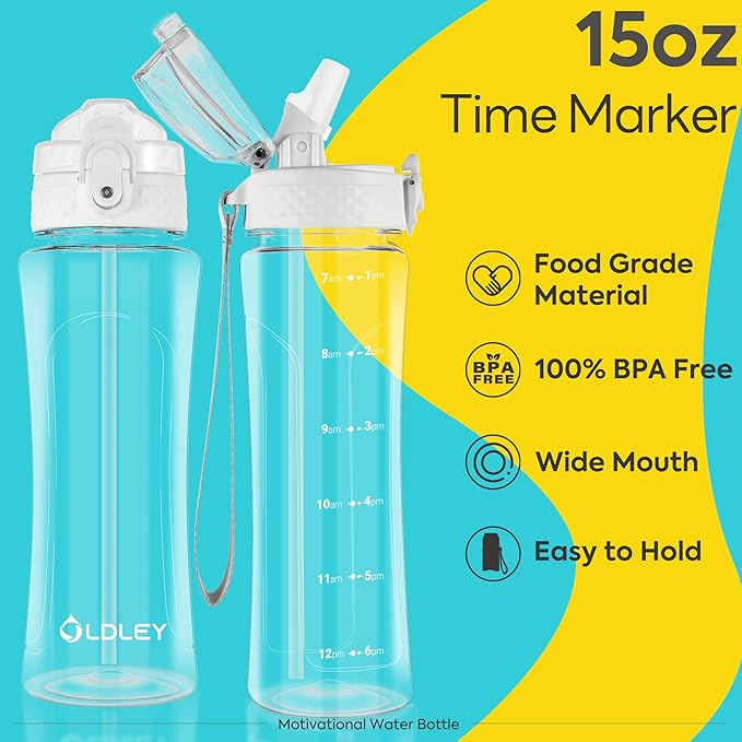 OLDLEY Kids Water Bottle with Straw 15 oz BPA-Free Leak-Proof Motivational Water Bottles with Time Marker for School Sports Travel Gym, Easy to Use for Girls Goys, 1 Straw Lid, Transparent