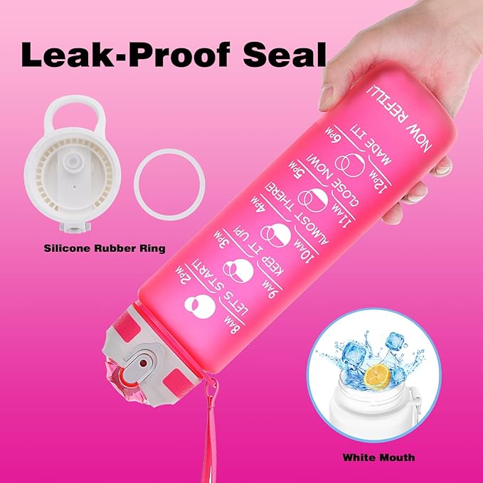 Prometheuz 32oz Water Bottle with Straw, Motivational Water Bottle with Time Marker, Water Bottles Leakproof & BPA-Free for Sports, Work and Fitness Pink