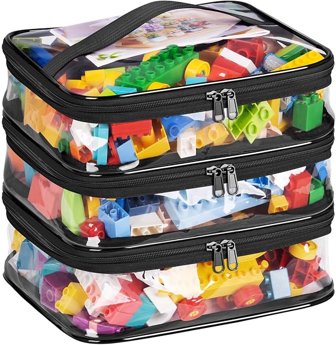 MISSLO 3-Layer Lego Storage Organizer with 3 Manual Pockets Clear Lego Storage Bag for Toys, Puzzles, Bricks, Building Blocks, Crafts (Black)