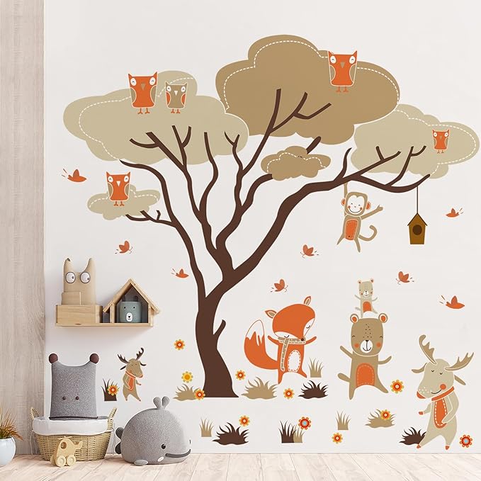Woodland Animals Large Tree Wall Stickers Fox Deer Monkey Owl Wall Decals Removable DIY Peel and Stick Wall Decor for Kids Baby Bedroom Living Room