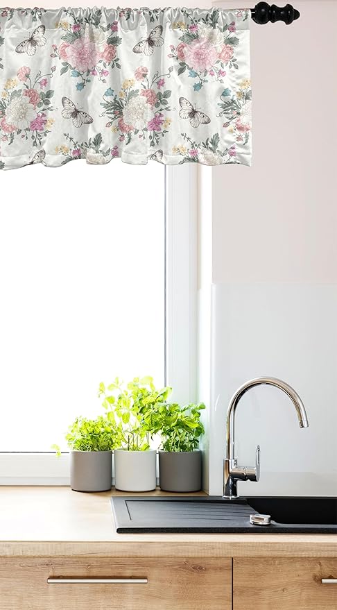 Ambesonne Shabby Flora Window Valance, Peonies Peas Roses Bouquet Butterflies Pastel Tones Bridal Theme, Curtain Valance for Kitchen Bedroom Decor with Rod Pocket, 42" x 12", Pale Pink Green