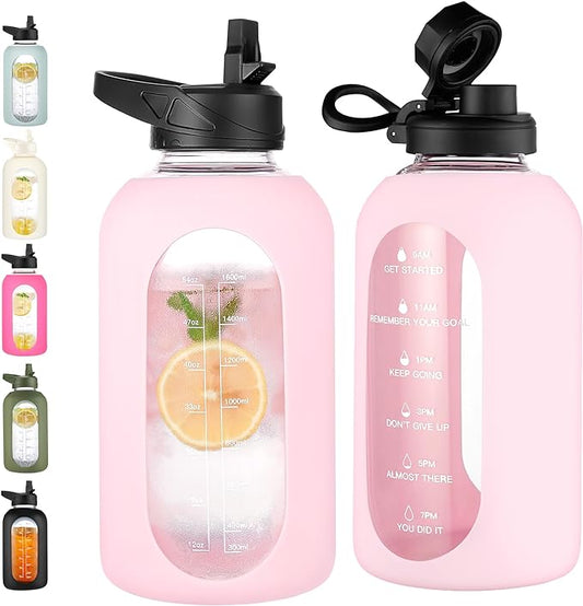 CIVAGO 64 oz Glass Water Bottle Jug with Straw and Handle, Half Gallon Sports Motivational Water Bottle with Time Marker, Wide Mouth Water Flask Canteen with Silicone Sleeve for Gym, Blush