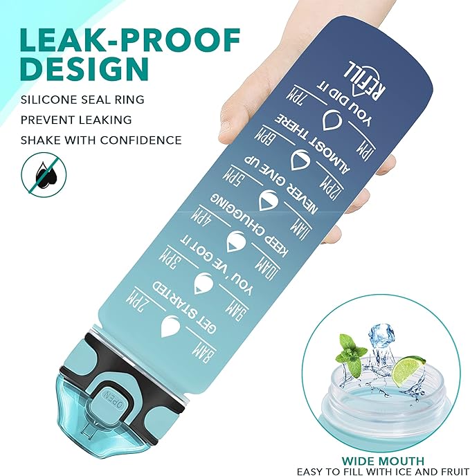 Enerbone 32 oz Drinking Water Bottle with Times to Drink and Straw, Motivational with Carrying Strap, Leakproof BPA & Toxic Free, Ensure You Drink Enough Water for Fitness Gym Outdoor