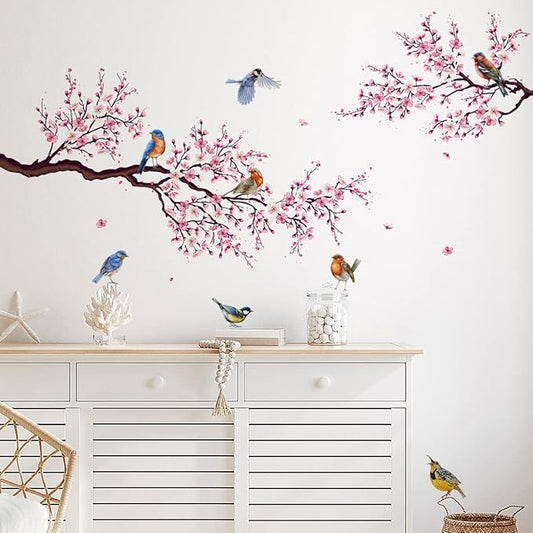 Watercolor Flower Wall Decals Peel and Stick Birds Vinyl Wall Stickers Colorful Wall Sticker Hummingbird on The Tree Branch Flower Decals Garden Living Room Bedroom TV Wall Decorations