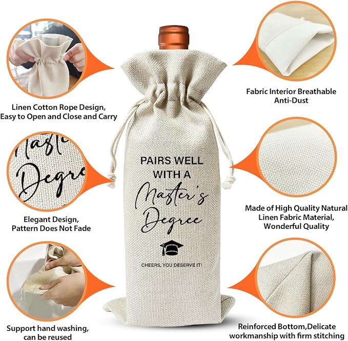 Masters Degree Graduation Gift Wine Bag For Him Her Son Daughter Friend Man Women, College Graduation Party Decor or Favors, Cotton Linen Wine Gift Bag With Drawstring