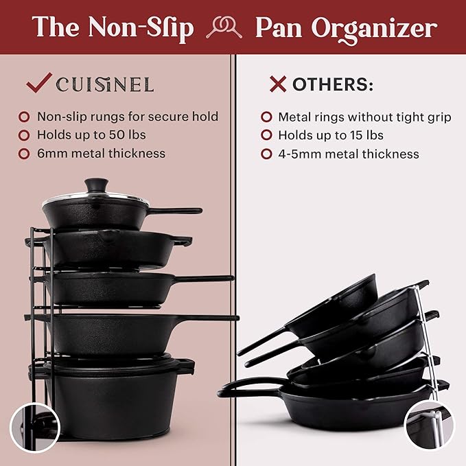Cuisinel Pan Organizer - Silicone-Coated Non-Slip 15" Heavy Duty Skillet Rack - Kitchen Counter/Cabinet Organization Storage - Cookie Sheet, Cutting Board, Cast Iron Cookware, Pots, Lid Stand/Holder