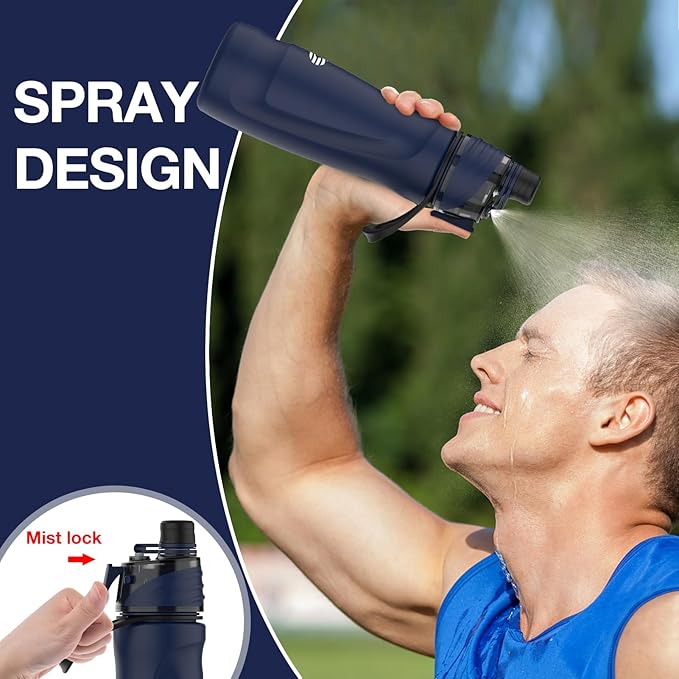 Misting Water Bottle, 24oz Insulated Water Bottle, 2-in-1 Mist & Sip Stainless Steel Water Bottles, Thermo for Hot Drinks/Cold Drinks, Sports Water Bottle for Hiking, Running, Gym, Navy Blue