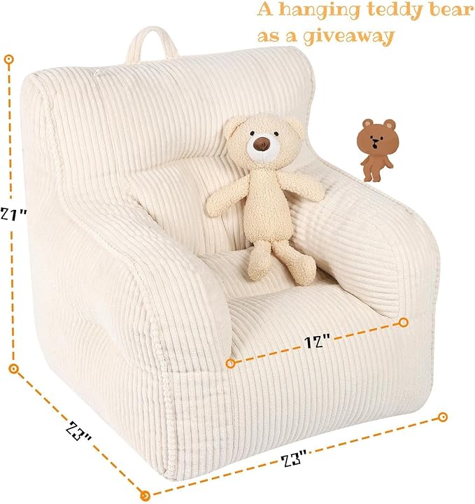 Kids Bean Bag Chair with a Plush Bear, Comfy Toddler Chair for Boys and Girls, Beige