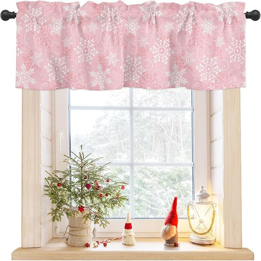 Christmas Valance Curtains for Kitchen Windows Pink White Snowflakes Pattern Rod Pocket Window Treatment Toppers for Kitchen/Living Room/Bedroom/Bathroom, 42" X 18", Winter