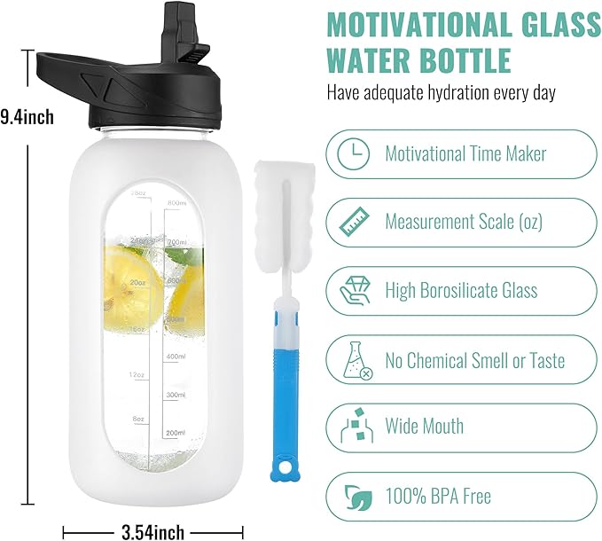 CIVAGO 32 oz Glass Water Bottle with Straw and Handle, Large Sports Motivational Water Bottle Flask with Time Marker and 2 Lids, Leakproof Water Jug Canteen with Silicone Sleeve for Gym,White