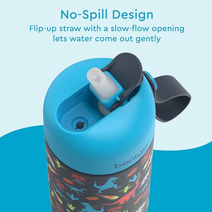 Bentgo® Kids Stainless Steel Insulated Water Bottle - Leak-Proof; Keeps Cool for 12 Hours; Durable, BPA-Free, Dishwasher Safe 14 oz. Cup for Ages 3+ for School/Sports/Daycare (Dinosaur)