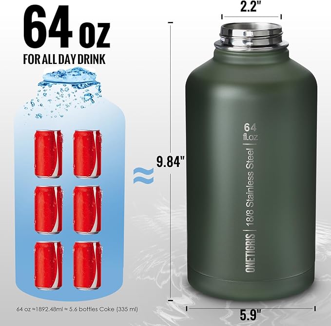 OneTigris Tactical Half Gallon Water Bottle with Straw - 64 oz Vacuum Insulated Stainless Steel Water Jug, Leakproof Sport Bottle with 3 BPA Free Lids, Paracord Handle & MOLLE Water Pouch for Outdoor