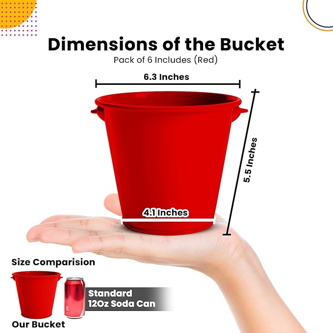 Small Metal Buckets with Handle 6 Pcs – Galvanized Bucket Leak Proof & Rust Resistant 48 fl oz Capacity - Best for Party Décor, Christmas & Decorating Classrooms (Red, Large 6.3" Top)