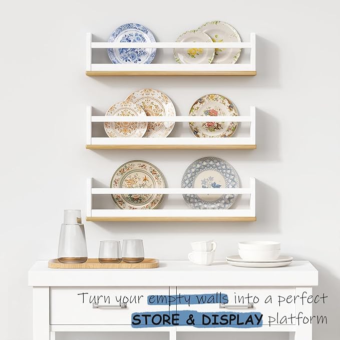 Nursery Wall Bookshelf for Kids Room Set of 3, 24 Inch Floating Book Shelves for Baby Boys Girls Bedroom, Large Wood Mounted Hanging Bookshelves for Toddlers Childs (White and Natural)