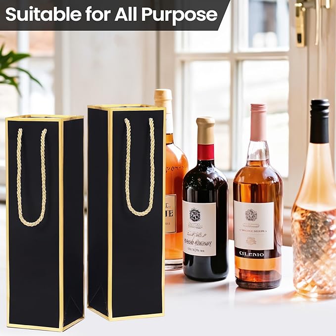 ISKYBOB 10 Packs Wine Gift Bag with Handle, Single Bottle Bags for Wine Kraft Paper Wine Bottle Gifts Box Reusable Gold Foil Gift Wine Bag for Housewarming, Business Dinner, Birthday Party (Black)