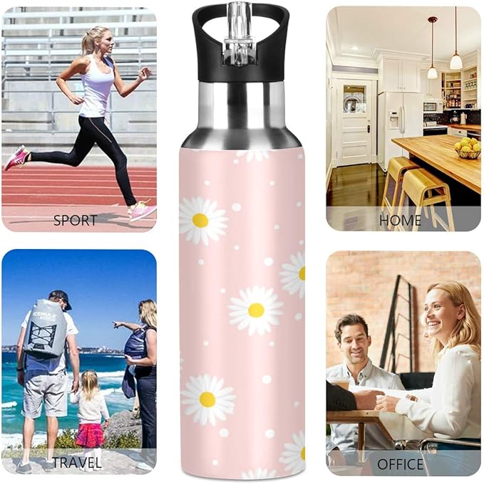 Blueangle 22oz Pink Daisy Water Bottle, BPA Free Non-Toxic Stainless Steel Water Bottle for Fitness, Gym and Outdoor Sports