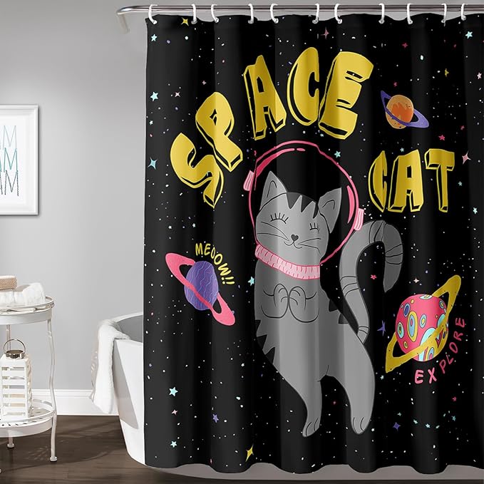 AILONEN Kawaii Cat Shower Curtains,Galaxy Aerospace Cat Bath Curtain for Bathroom,Outer Space Polyester Waterproof with 12 Plastic Hooks 72" W*96" H