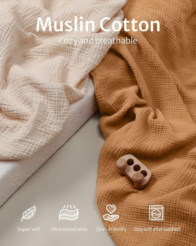 Blissful Diary Muslin Crib Sheets for Girl Boy, Boho Neutral Soft Cotton Baby Sheet for 52''x28'' Standard Crib Mattress, 2 Pack(Retro Yellow&Beige)