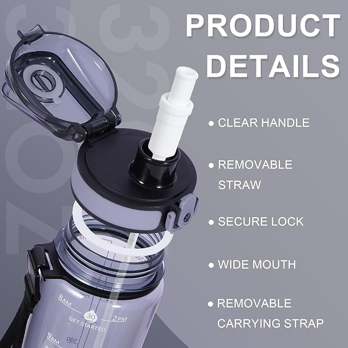 32 oz Water Bottle with Detachable Straw, Clear Motivational Water Bottles with Time to Drink, Tritan & BPA Free Sports Water Jug with Time Marker, Upgraded handle design