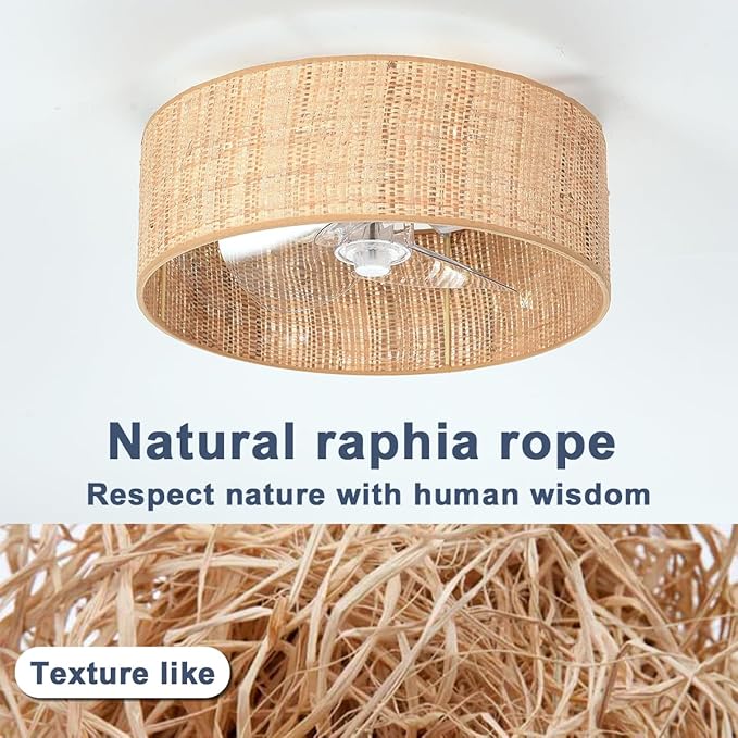 Boho Small Reversible DC Ceiling Fan with Light Fixture and Remote Control ,Flush Mount Drum Caged Enclosed Round Cage Low Profile Fandelier for Bedroom Indoor Kitchen Nursery Office Dining Room