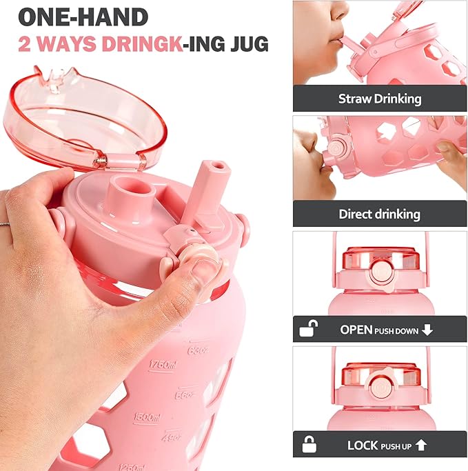 MUKOKO Half Gallon/64 oz Glass Water Bottles with Straw and Lid,Motivational Water Jug with Time Marker Reminder and Silicone Sleeve,100% Leakproof BPA Free Fitness Sports Large Bottle-Pink