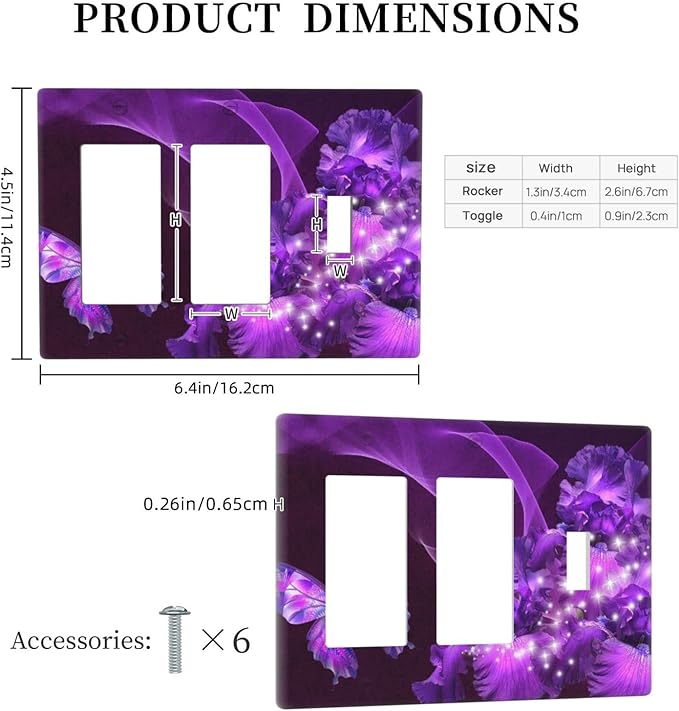 Purple Butterfly Flower Combo 2 Rocker 1 Toggle Light Switch Wall Plate Cover Decorative 3-Gang for Electrical Outlets Girls Room Bathroom Bedroom Home Kitchen Two Decora Receptacle 4.5" x 6.38"