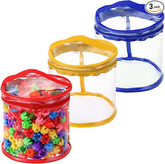 3 Packs Toy Storage Bags Transparent Clear PVC Storage Organizer with Zippered, Kids Waterproof Toy Bags for Board Games, Building Blocks, Puzzles and Small Toys (Red, Yellow and Blue)