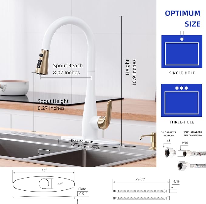 Kitchen Faucet with Soap Dispenser and Pull Down Sprayer - Stainless Steel Single Handle Kitchen Sink Faucet, 1 or 3 Hole Design for Modern Farmhouse Kitchens, Rv, and Bar Sinks (Whit and Gold)