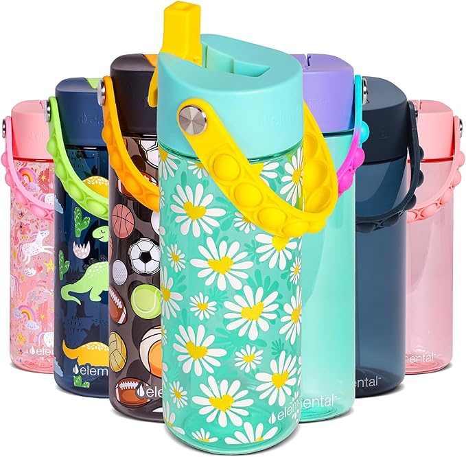 Elemental Leak Proof Water Bottles for Kids - Splash Kids Water Bottle for School with Fun Fidget Pop-it Handle - BPA Free Tritan Plastic Reusable Water Bottle with Straw - Daisy Heart - 18oz