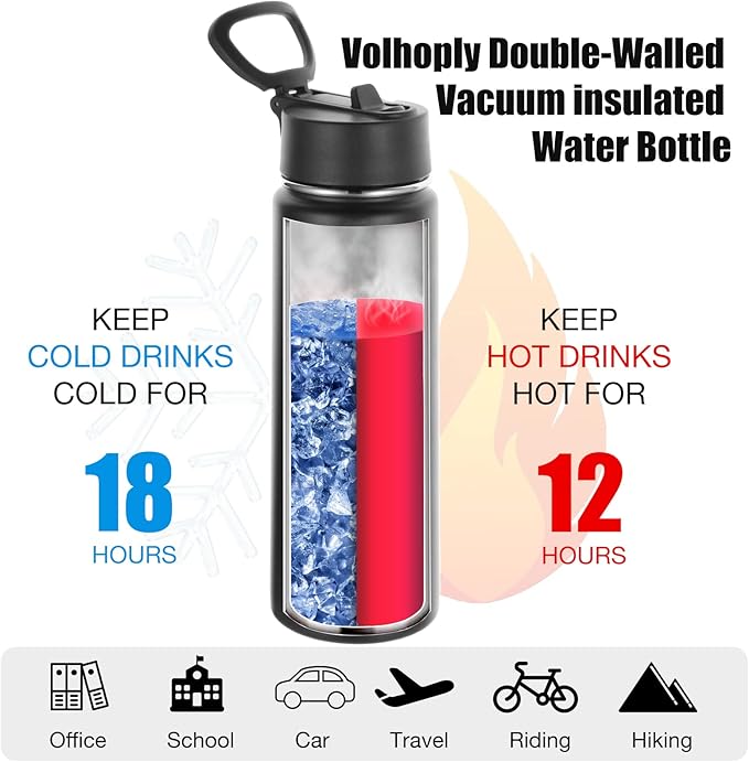 Volhoply 24oz Insulated Water Bottle With Straw Bulk 3 Pack,Metal Wide Mouth Water Bottles With Handle Lid Keep Cold,Reusable Double Wall Thermos,Powder Coated Sport Bottle For Holder(Black,3 Count)