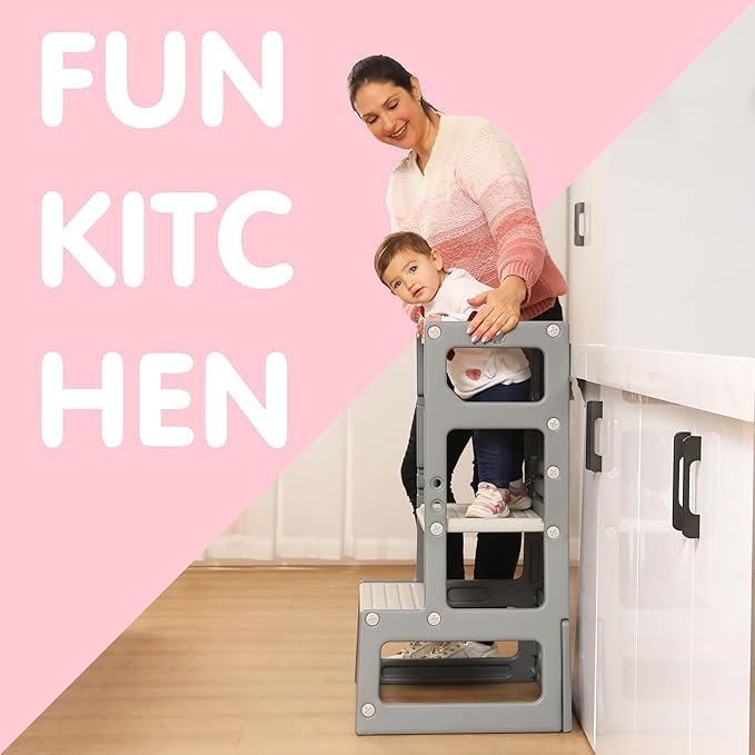 SDADI Mother's Helper Adjustable Height Plastic Kitchen Step Stool for Children, Kids Toddlers Counter Level Learning Stool for Kitchen & Bathroom,Dark Grey and Light Grey