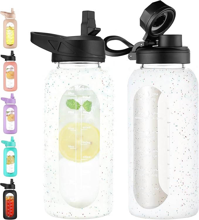 CIVAGO 32 oz Glass Water Bottle with Straw and Handle, Large Sports Motivational Water Bottle Flask with Time Marker and 2 Lids, Leakproof Water Jug Canteen with Silicone Sleeve for Gym, Sequin