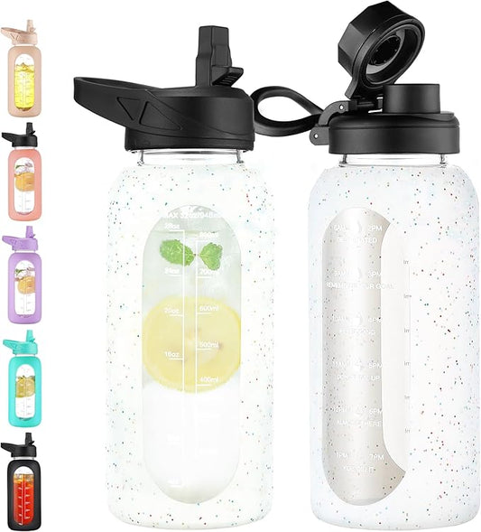 CIVAGO 32 oz Glass Water Bottle with Straw and Handle, Large Sports Motivational Water Bottle Flask with Time Marker and 2 Lids, Leakproof Water Jug Canteen with Silicone Sleeve for Gym, Sequin