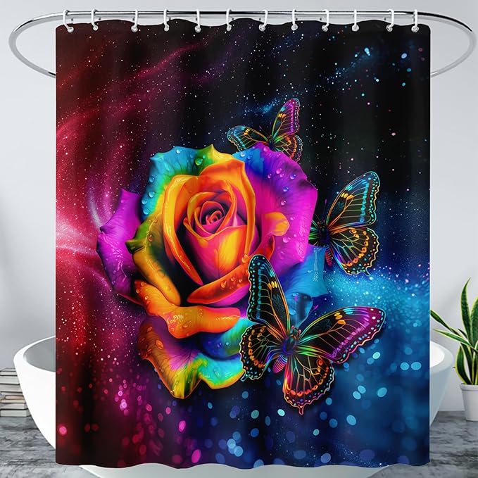 AILONEN Colorful Rose Shower Curtain for Bathroom Decor,Butterfly Galaxy Rose Flower Bath Curtain for Girls Women,Modern Romantic Curtain Waterproof with 12 Plastic Hooks, 72" W*96" H