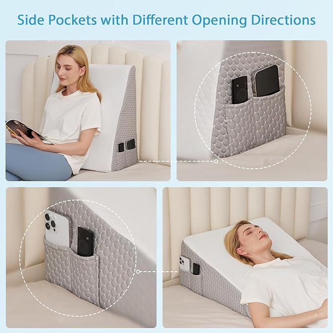 Wedge Pillow for Back Pain Relief, Bed Wedge Pillow for Sleeping, 24×24×10 Inch Memory Foam Anti Snore Pillow, Triangle Pillow Wedge for Sleeping Acid Reflux, Gerd, Elevated Pillow White/Grey