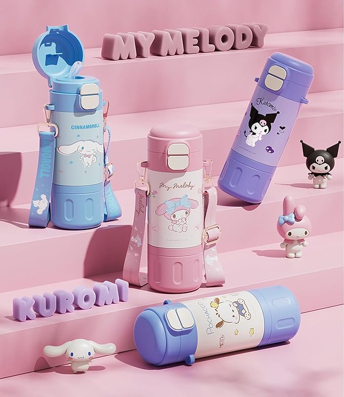 Kuromi Stainless Steel Insulated Water Bottle with Strap (Spout & Straw) 480ml - Purple