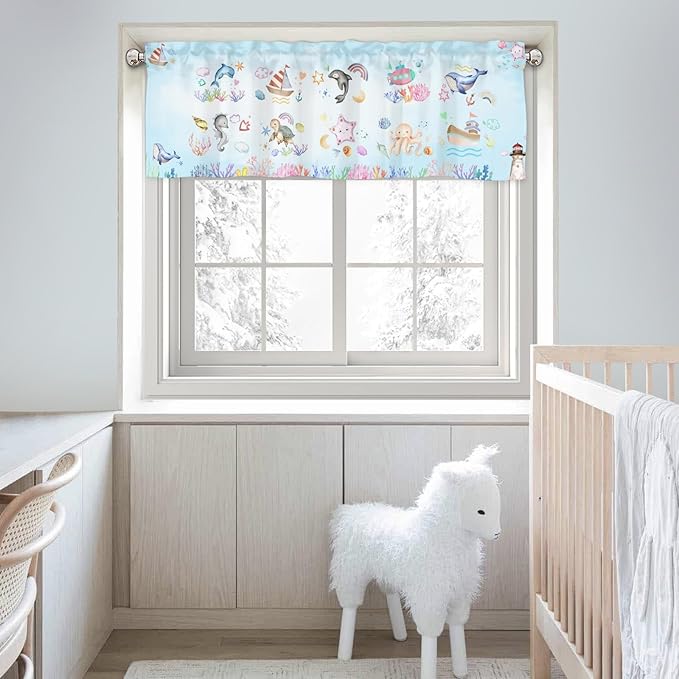 Colorful Sea Animals Valance 54''x18'' Kids Toddler Nursery Bedroom Window Decor Drapes Whale Dolphin Turtle Sea Horse Corals Rainbow Rod Pocket Short Curtains for Kitchen Living Room Bathroom 1 Pack