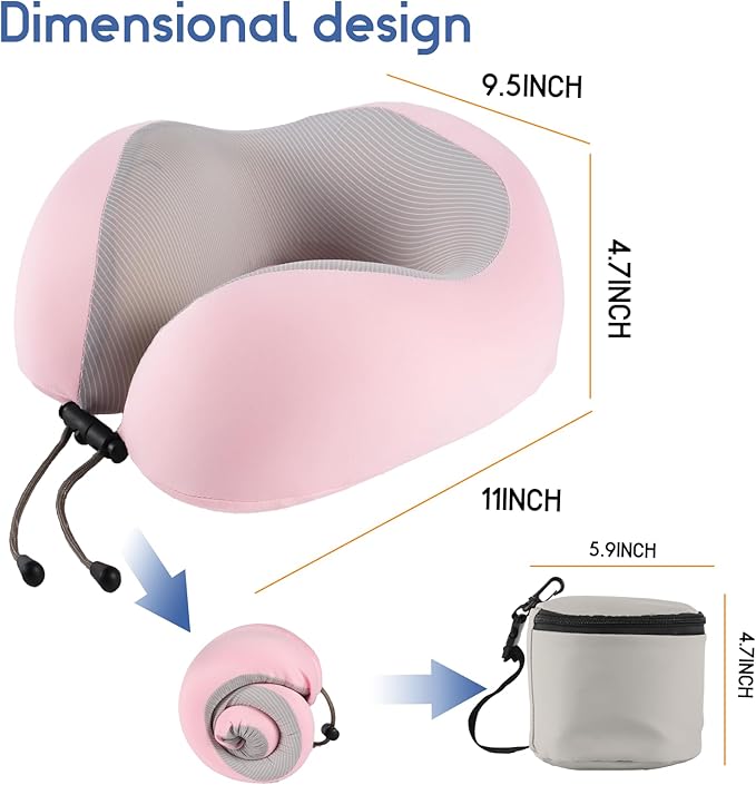 Travel Neck Pillow, Curved Ergonomic Design, Ice Silk Fabric is Comfortable and Breathable, The Pillowcase is Removable. Comes with Portable Storage Bag and Ear Plugs (Pink)