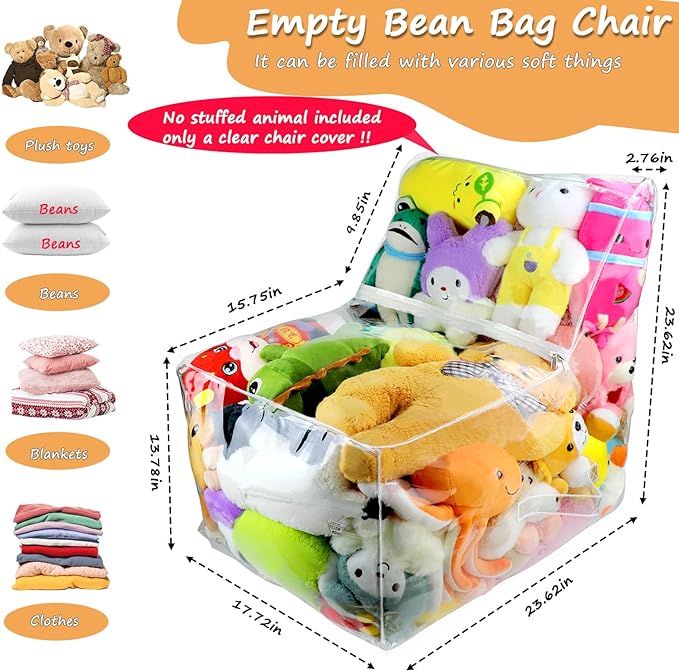 Clear Stuffed Animal Bean Bag Chair Cover for Kids, Waterproof Large Stuffable Beanbag Chair Cover, Creative PVC Plush Toys Storage, for Organizing Toddler & Children Rooms Soft Stuff Animal