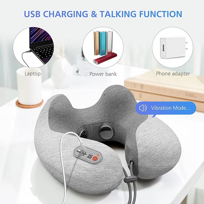 COMFIER Cordless Travel Pillow with Vibration Massager,Travel Neck Massage Pillow with Heat for Neck, Lightweight Memory Foam Neck Pillow,Head Support Soft Pillow for Airplane,Office